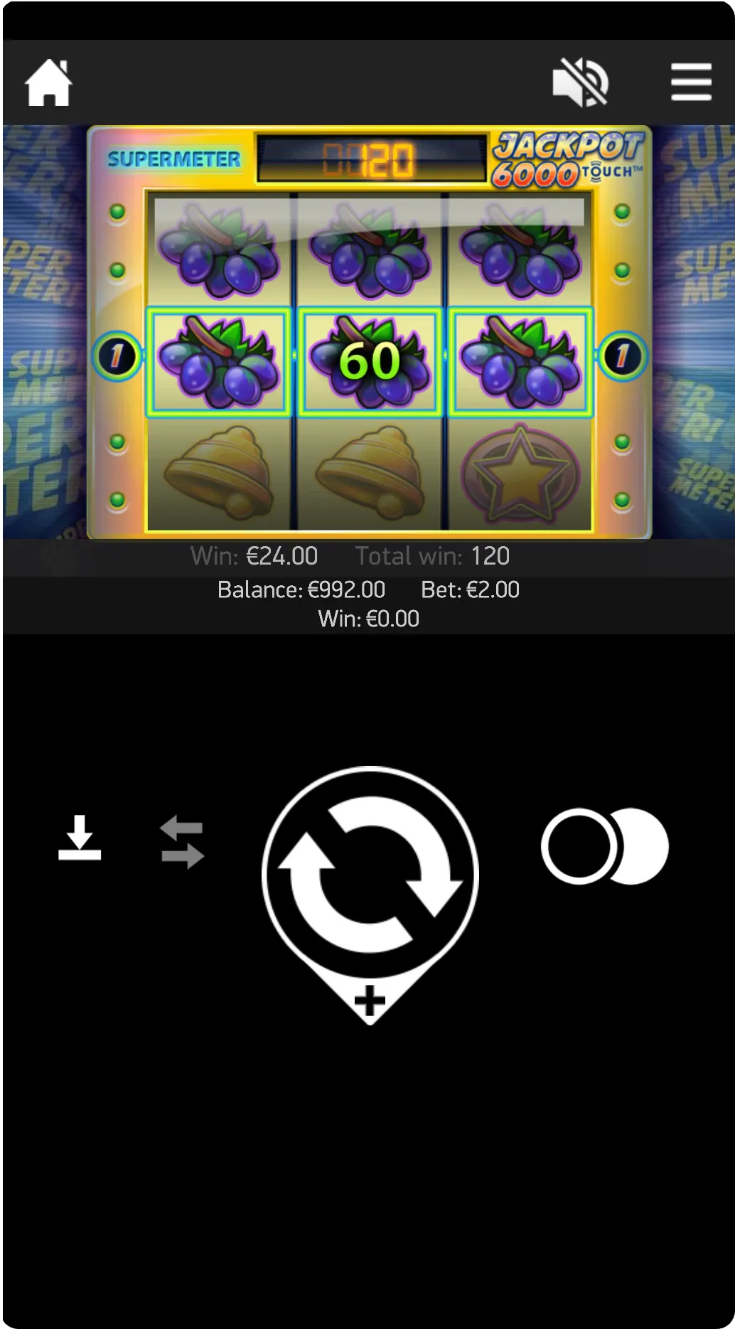 Hovedskjermen for Jackpot 6000 med spillvalg