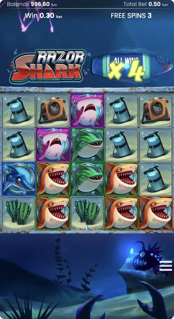Dykkingssymboler aktivere gratisspinn i Razor Shark