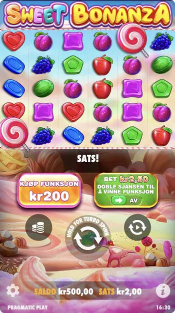 Sweet Bonanza spilleautomat med fargerike godterisymboler