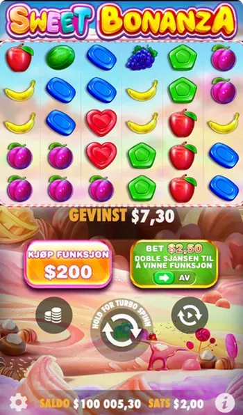 Sweet Bonanza spilleautomat med fargerike godterisymboler